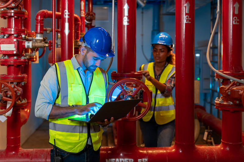 Engineer use laptop to inspection pipeline and valve of service water supply